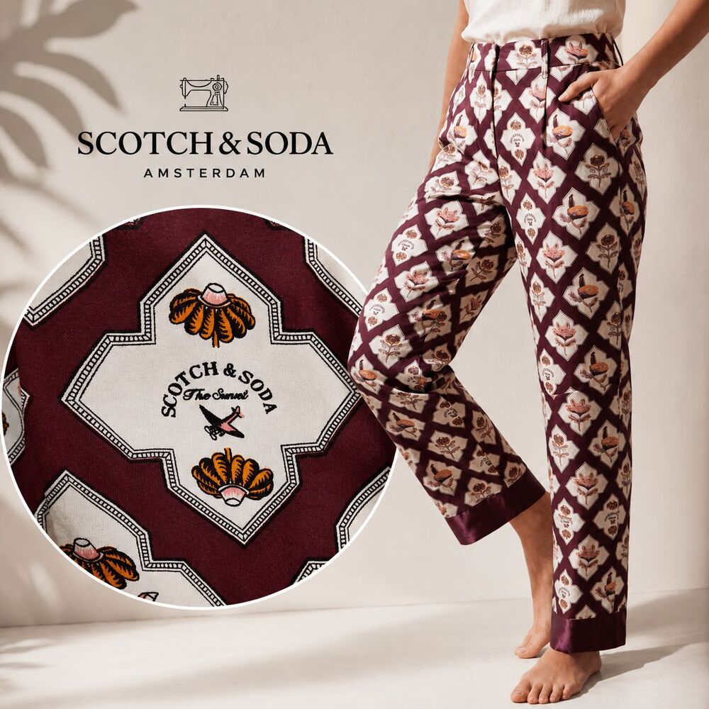 Scotch & Soda Sun Ray Satin Pants Womens S Burgundy Floral Straight Leg Trousers